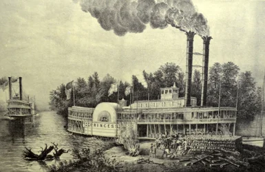 Ilustración de Currier & Ives del Siglo XIX. Vapor de Paletas del Mississippi